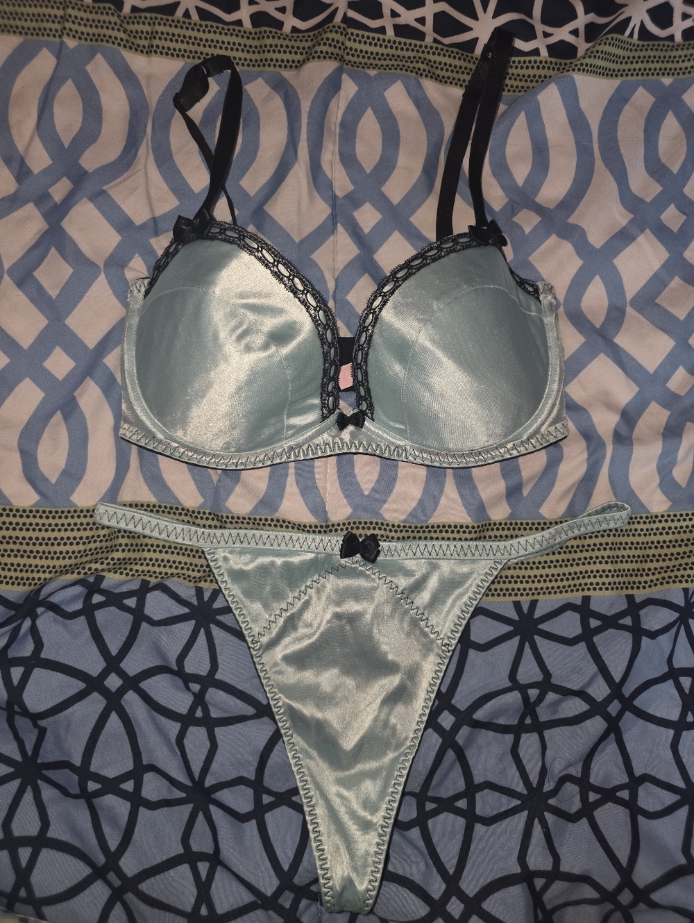 Victoria's Secret Vintage Baby Blue Satin Bra Sheer Thong Set Sissy-36C